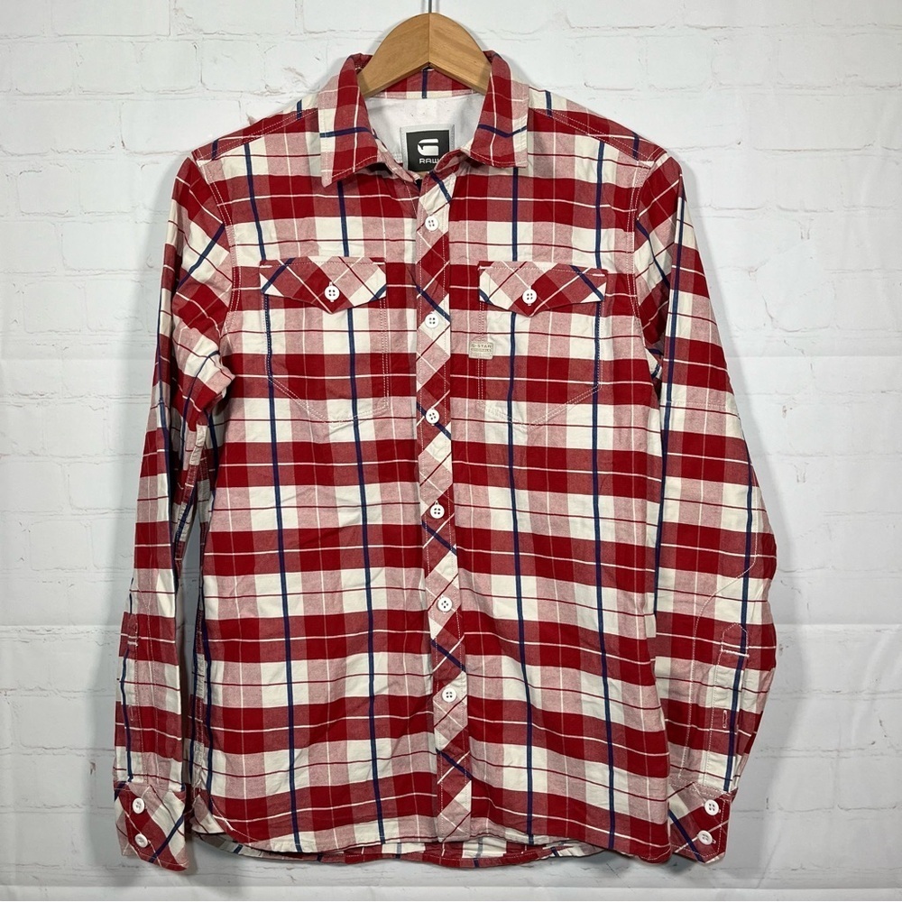 G-Star RAW Plaid Shirt Mens Size Medium Red Long Sleeve Western Button Up